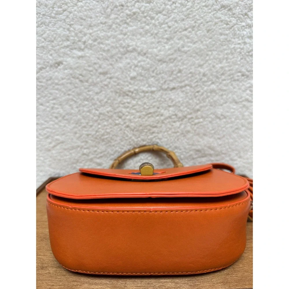 Top Handle Crossbody Purse‎ Bag Orange Faux Bamboo Handle Faux Leather Shoulder